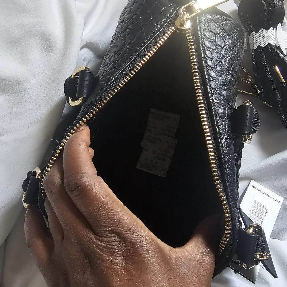 Black Crocodile Embossed Satchel with Braided Handles - Picture 2 of 4